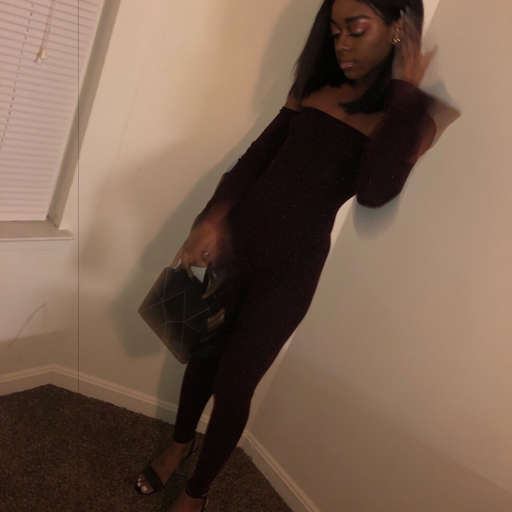 Burgundy Sparkle Flare Sleeve Jumpsuit